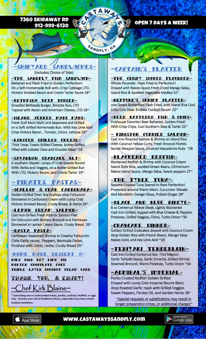 Menu page with appetizers listed for seafood dining.