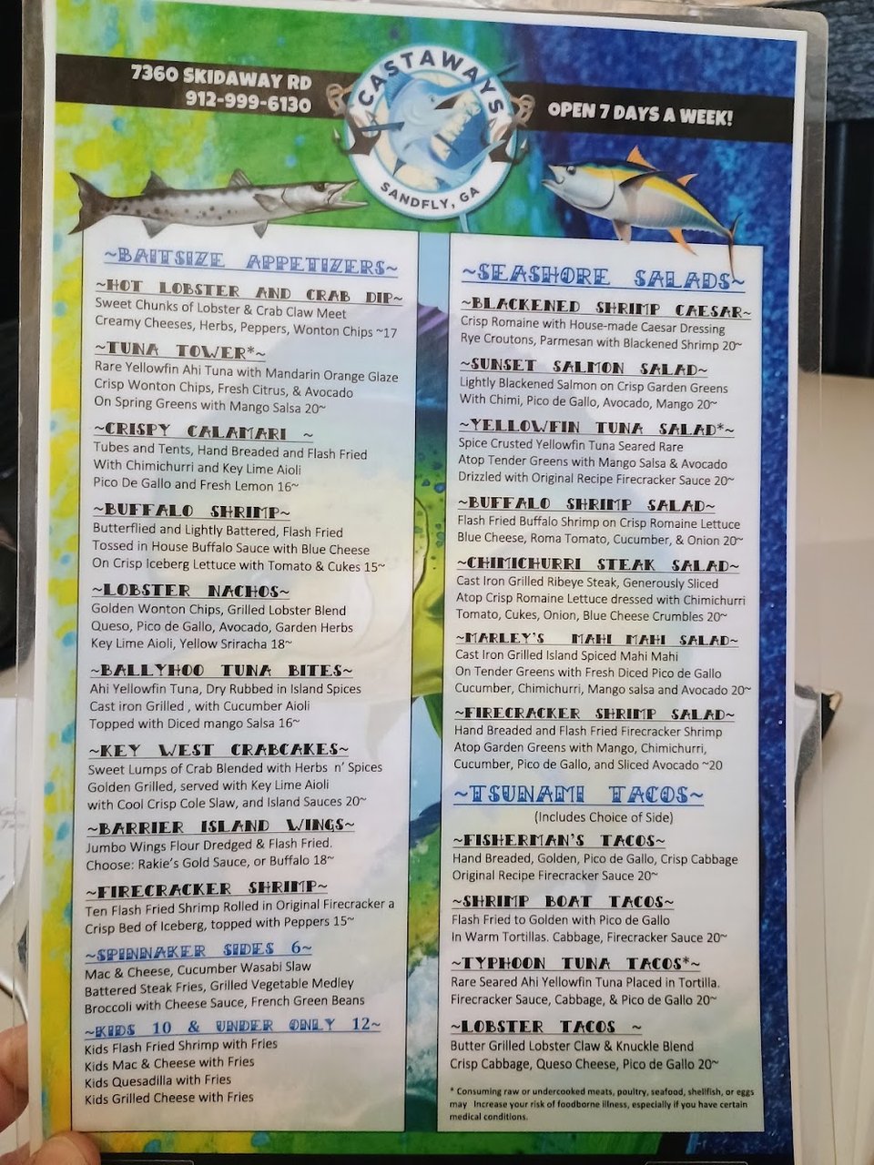 Printed menu for a casual seafood restaurant.