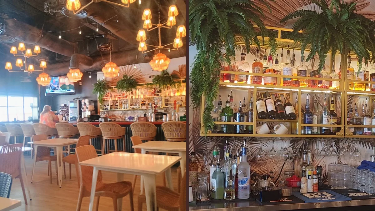 Bar seating inside a laid-back American restaurant.